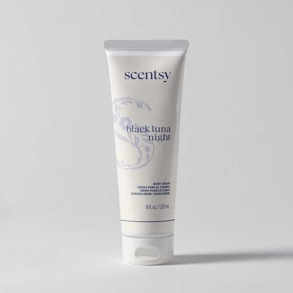 Cream-coloured tube of Black Luna Night Body Cream with blue text and decorative swirl motif, 237 ml, white cap and pump dispenser