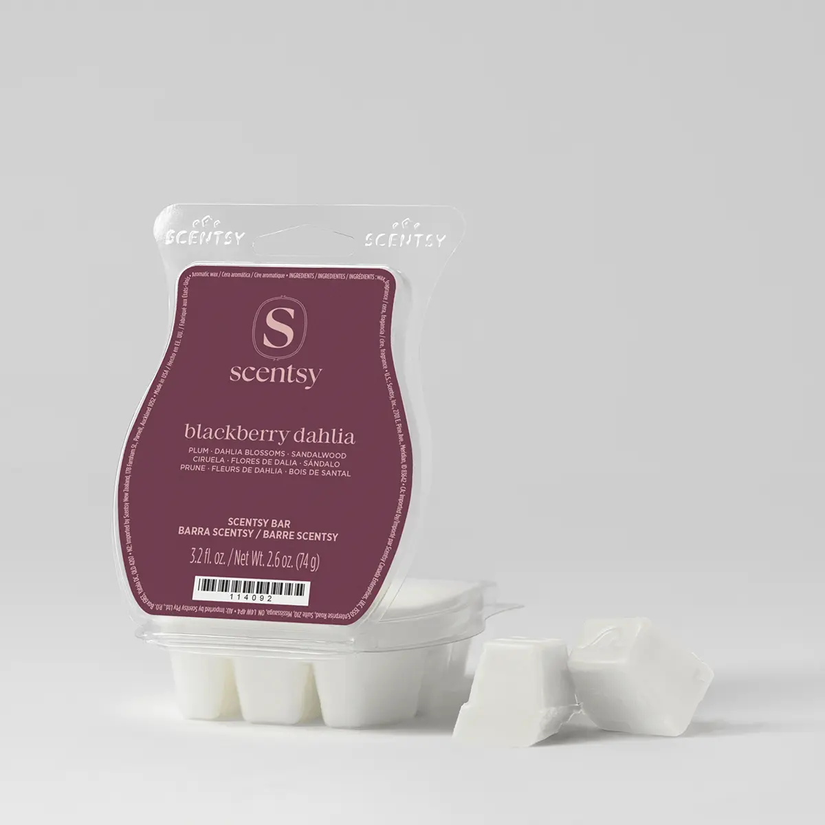 Blackberry Dahlia Scentsy Bar in burgundy packaging with white wax melts arranged in front showing the scent's components and product format
