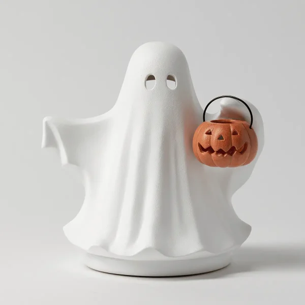 White ceramic ghost figure with oval eye cutouts holding a small orange carved pumpkin bucket with a handle, the Boo's Treat Scentsy Warmer