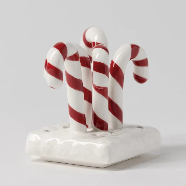 Five red and white striped candy cane shaped ceramic pieces in a white scalloped base dish, the Candy Cane Topper