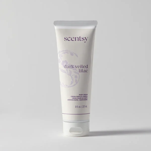 White tube with a grey cap and purple floral design, Dark Veiled Lilac Body Cream, 8 fl oz
