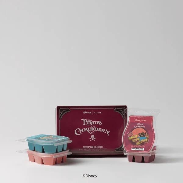 Turquoise and coral Scentsy wax bars in segmented clamshell containers beside a burgundy Pirates of the Caribbean branded box and a coral wax melt pack, the Disney Pirates of the Caribbean Scentsy Wax Collection