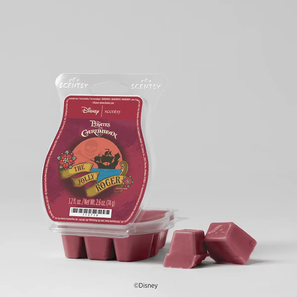 Deep burgundy clamshell Scentsy wax bar with Pirates of the Caribbean "The Jolly Roger" artwork, shown with six individual wax cubes, The Jolly Roger Scentsy Wax