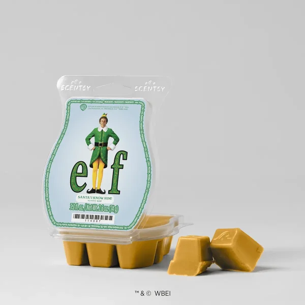 Elf: SANTA! I KNOW HIM! Scentsy Bar - Golden wax bars in a yellow segmented mould beneath a clear plastic wrapper featuring the Elf character in green costume with "elf SANTA! I KNOW HIM! Scentsy Bar" text and green border branding