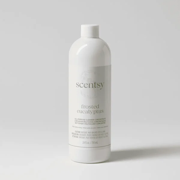 White plastic bottle with white screw-top cap containing Frosted Eucalyptus All-Purpose Concentrate cleaner, 24 fl oz, with grey label and bilingual text