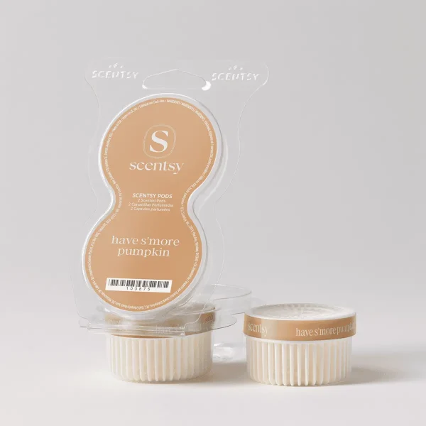Clear plastic clamshell packaging containing two cream-coloured ridged wax pods with tan labels reading "have s'more pumpkin", the Have S’more Pumpkin Scentsy Pods