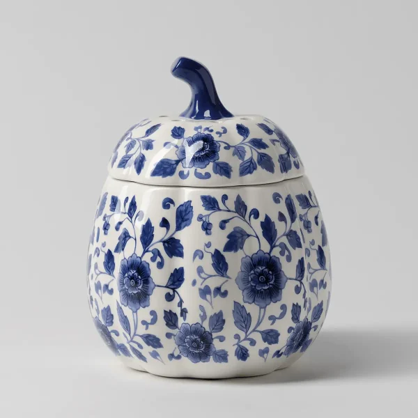 Cream ceramic pumpkin-shaped warmer with blue hand-painted floral and leaf motifs, a curved stem lid, and a horizontal seam, the Indigo Vine Pumpkin Scentsy Warmer