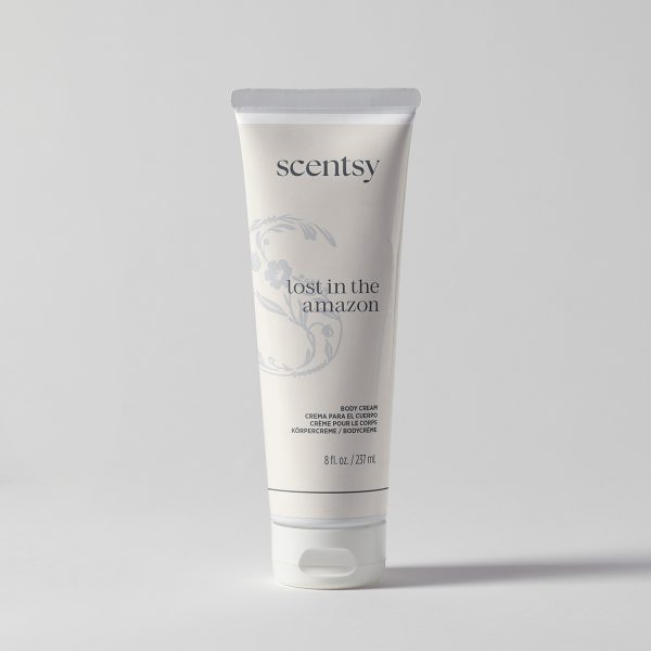Cream-coloured tube of Lost in the Amazon Body Cream with grey cap and decorative botanical leaf motif, 237 ml size
