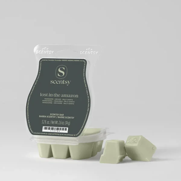 Pale green wax bar in a clear plastic clamshell with dark label showing Scentsy branding and scent notes, Lost in the Amazon Scentsy Bar, with six wax cubes displayed in front
