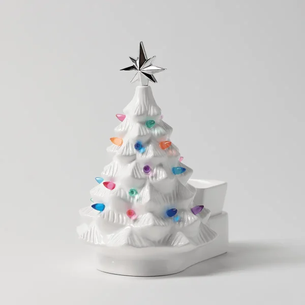 White ceramic Christmas tree warmer with textured branches, multicoloured gemstone ornaments, a star topper, and a white base, the Merry Little Christmas - White Scentsy Warmer