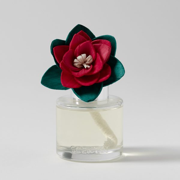 Velvet red poinsettia with cream-coloured centre and teal-green leaves, seated in a clear glass diffuser bottle filled with pale liquid, the Mistletoe Mint - Radiant Red Poinsettia Fragrance Flower