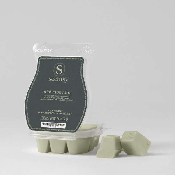 Pale green wax bar in a clear clamshell with black label, the Mistletoe Mint Scentsy Bar, shown with four individual wax cubes removed and displayed in front