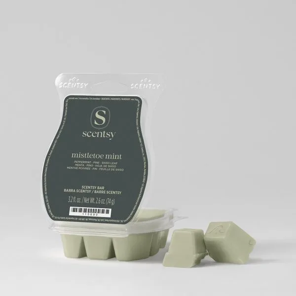 Pale green wax bar in a clear clamshell with black label, the Mistletoe Mint Scentsy Bar, shown with four individual wax cubes removed and displayed in front