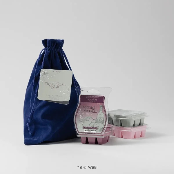 Navy velvet drawstring pouch with cream label containing the Practical Magic - Scentsy Wax Collection, displayed with burgundy and pink wax melts in clamshell packaging