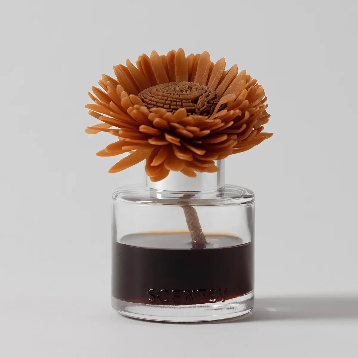 Orange gerbera-style flower with layered petals and textured centre, stem in clear glass bottle filled with dark fragrance oil, the Pumpkin Oak - Stunning Sunflower Fragrance Flower