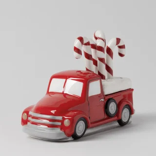 Glossy red ceramic retro truck warmer with a tray of red and white striped candy canes, the Red Retro Truck Scentsy Warmer with Candy Cane Topper