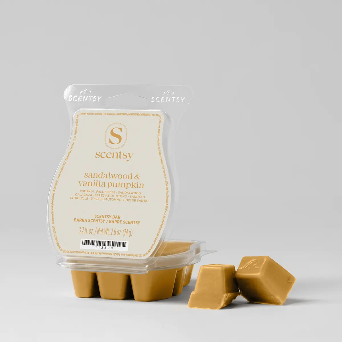 Sandalwood & Vanilla Pumpkin Scentsy Bar - Cream and gold Scentsy Bar in a plastic clamshell pack with six wax segments below, two displayed separately, the Sandalwood & Vanilla Pumpkin Scentsy Bar