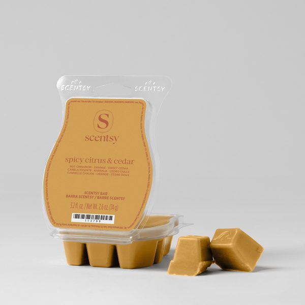 Spicy Citrus & Cedar Scentsy Bar - Spicy Citrus & Cedar Scentsy Bar - Golden wax bar in clamshell packaging showing the Scentsy logo and scent name, with three individual wax cubes displayed in front of the pack