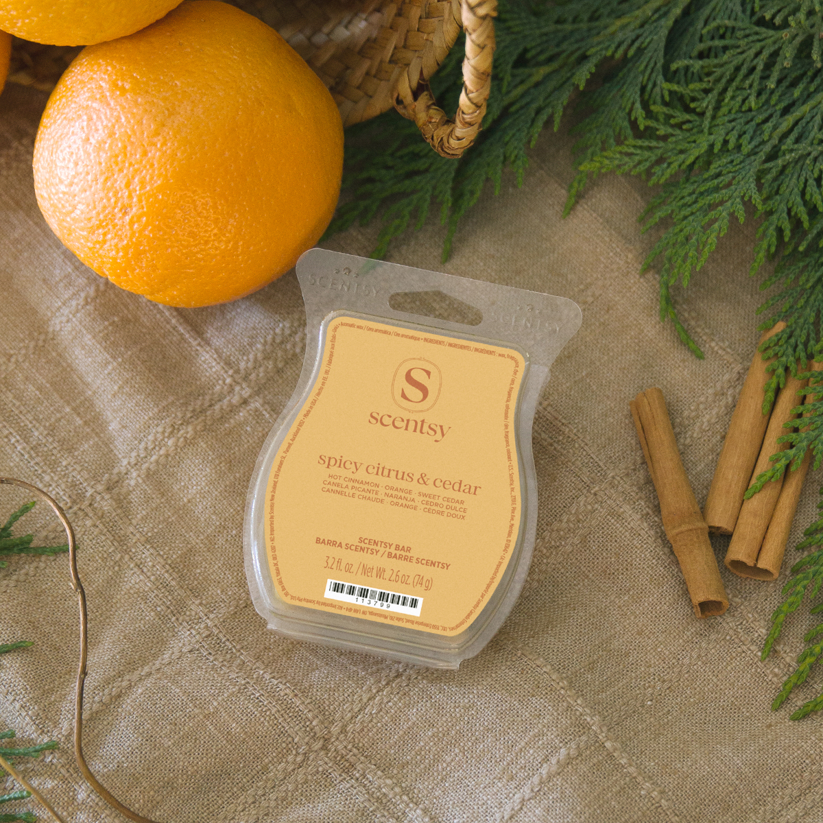 Pale yellow Scentsy Bar package labelled "spicy citrus & cedar" displayed on linen with fresh oranges, cinnamon sticks, and evergreen sprigs