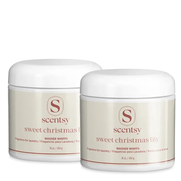 Two white tubs with domed lids and cream labels trimmed in deep red, the Sweet Christmas Lily Washer Whiffs 2-pack