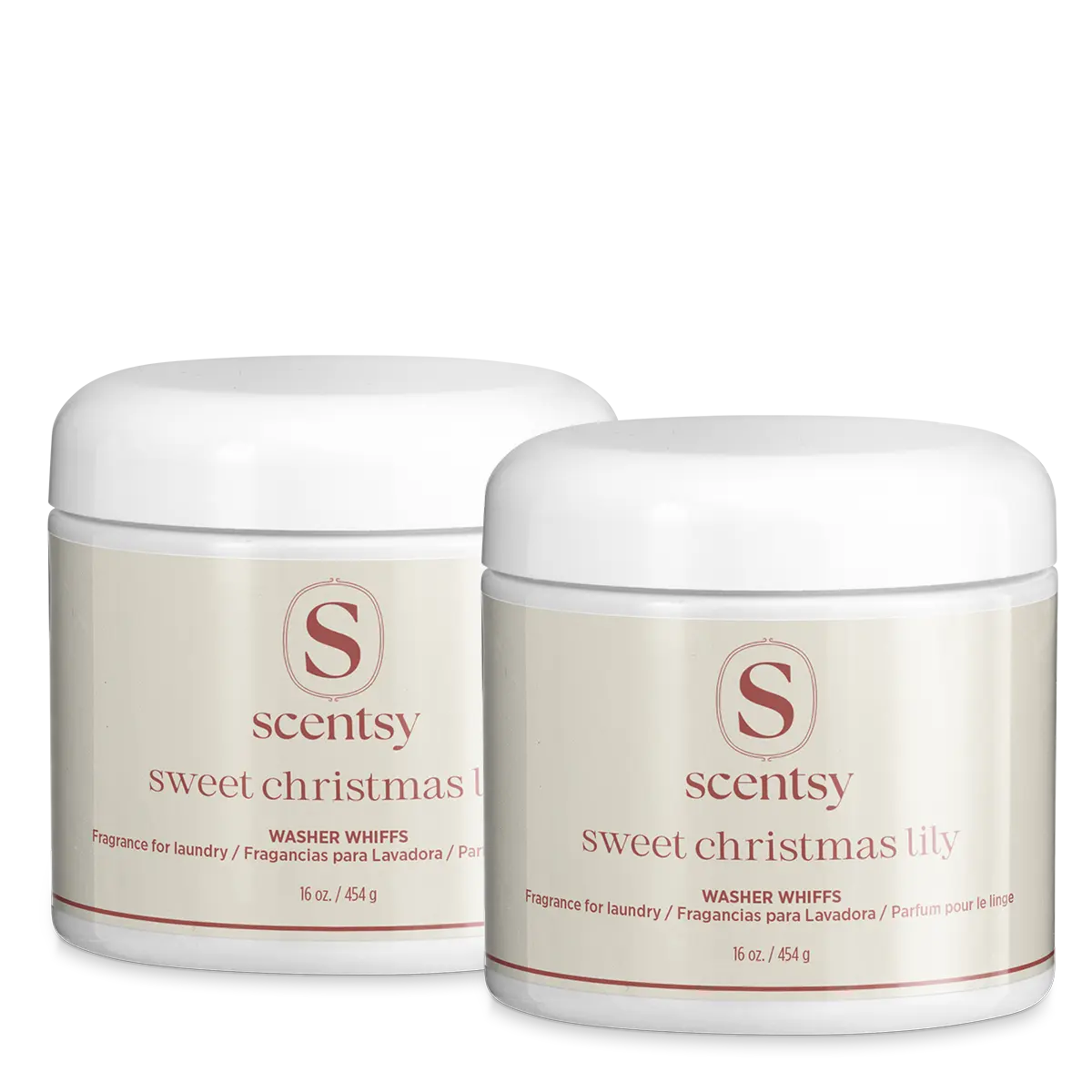 Two white tubs with domed lids and cream labels trimmed in deep red, the Sweet Christmas Lily Washer Whiffs 2-pack