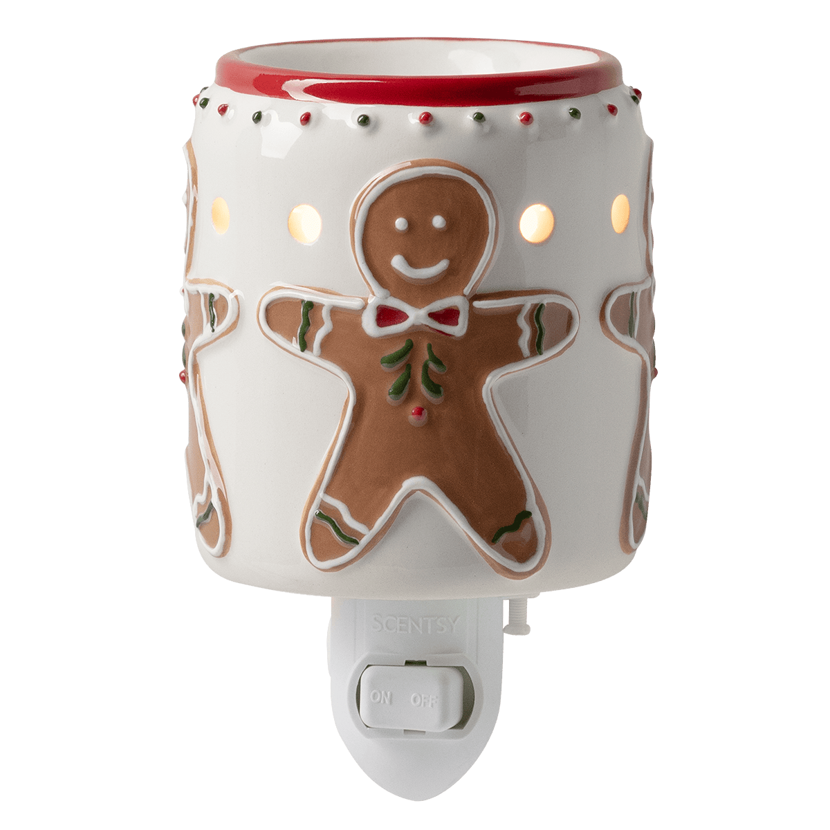 White ceramic plugin warmer with gingerbread man and candy cane designs, red trim at the top, and light-up cutouts, the Gingerbread Snap Mini Scentsy Warmer