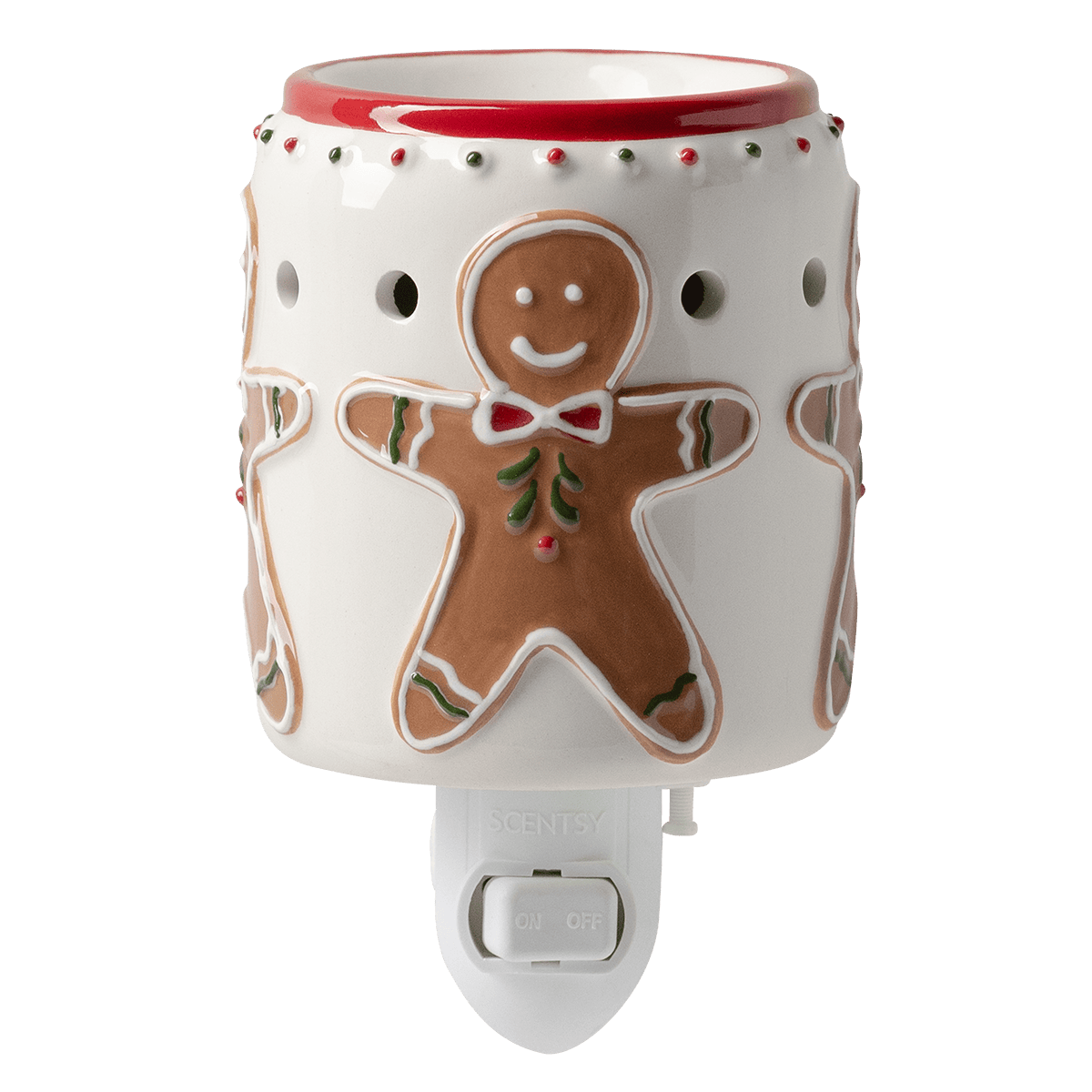 Cream ceramic mini warmer with gingerbread man and candy motif, red rim, and beaded trim, the Gingerbread Snap Mini Scentsy Warmer