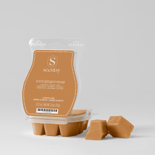 Tan Scentsy Bar wax in a clear plastic clamshell showing the Iced Gingersnap Scentsy Bar label, with six individual wax chunks displayed in front