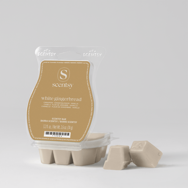 White Gingerbread Scentsy Bar - Cream-coloured Scentsy wax bar chunks in a clear clamshell package with a tan label reading White Gingerbread, displayed with several individual wax pieces arranged in front