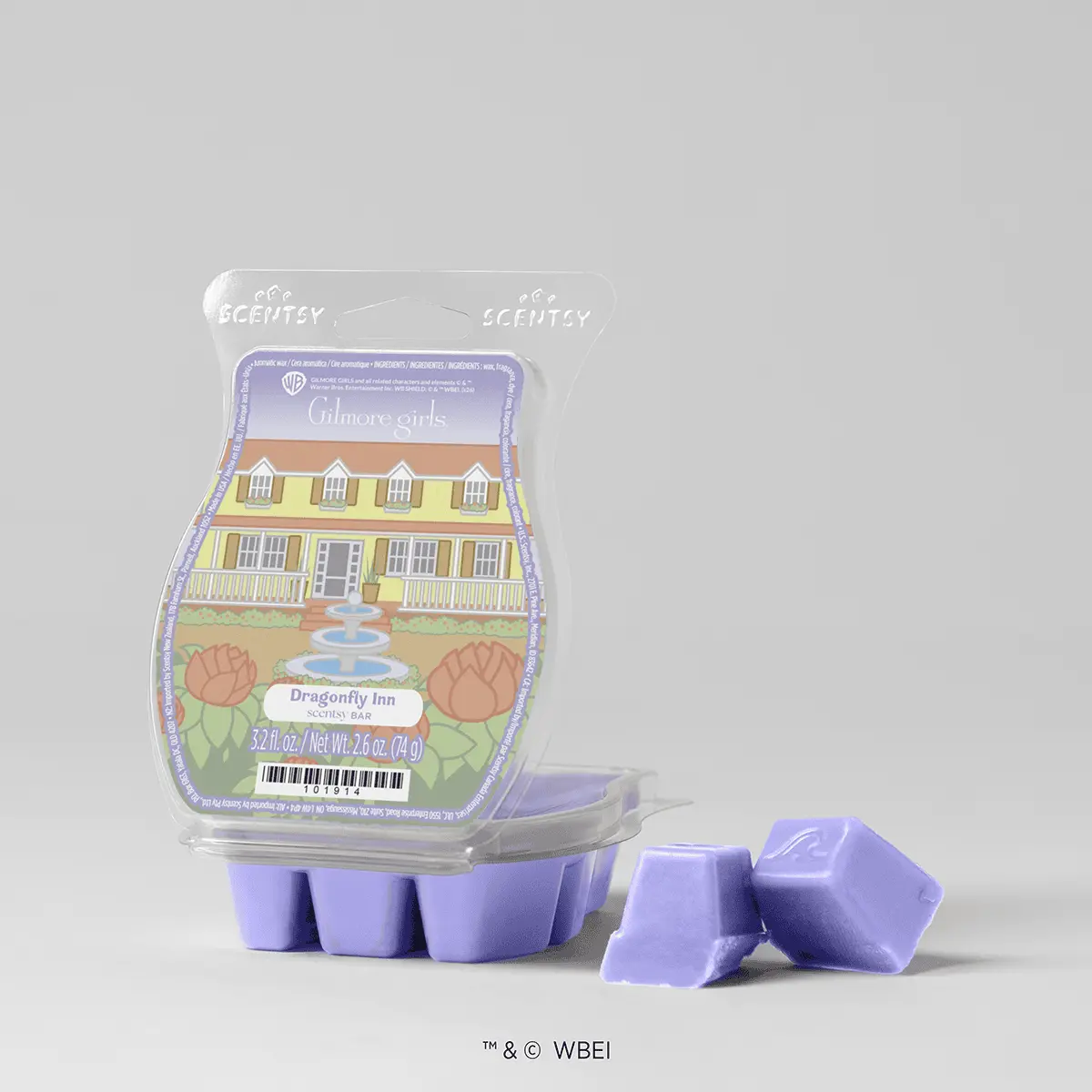 Lavender wax bar with Gilmore Girls packaging featuring the yellow Dragonfly Inn building, sold as a Scentsy Bars product with three individual wax cubes displayed alongside the sealed package