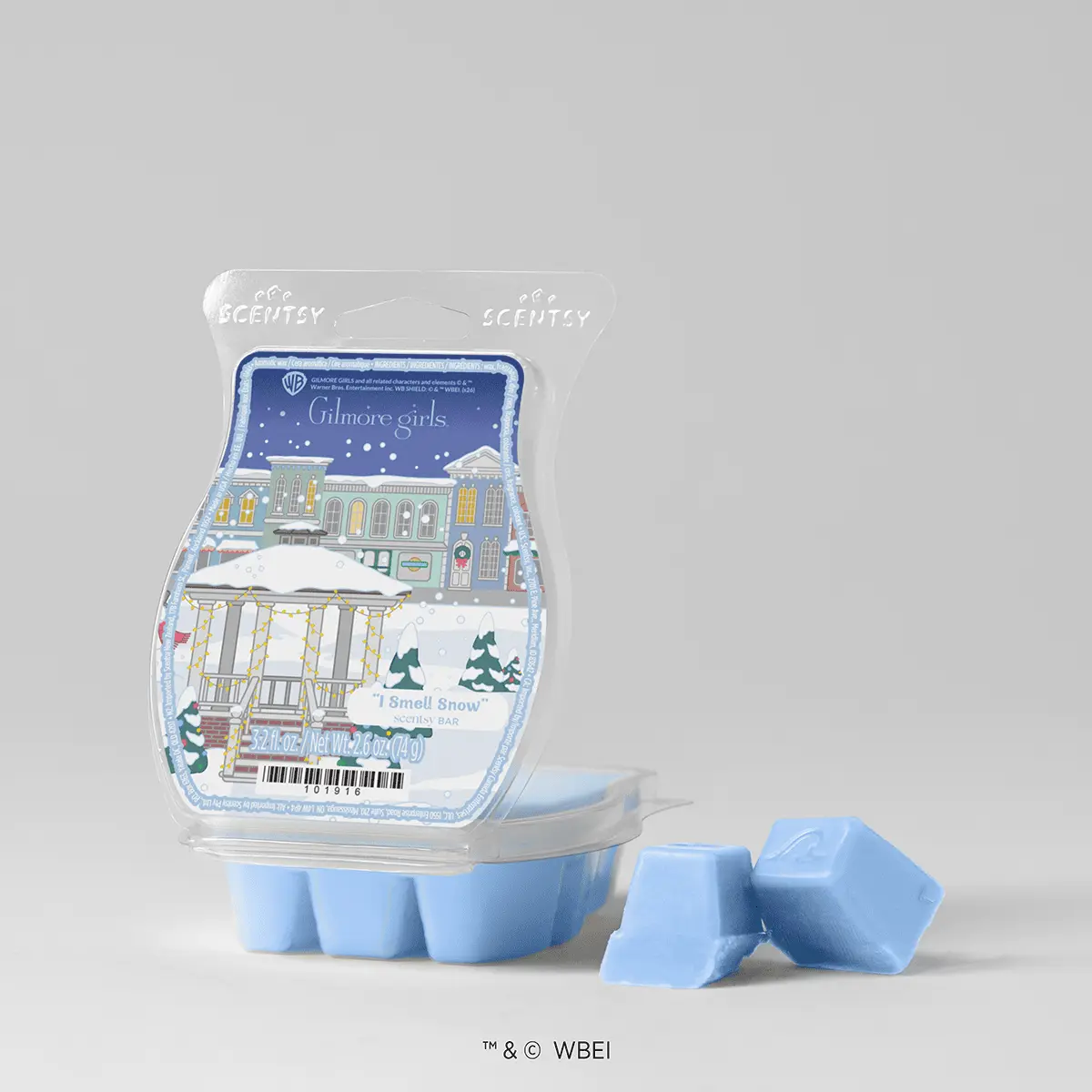 Light blue wax bars with Gilmore Girls illustrated packaging featuring a snowy Stars Hollow town scene, A Stroll Through Stars Hollow - Scentsy Wax Collection