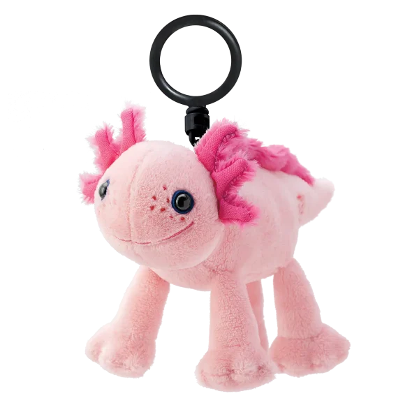 Soft pink plush axolotl with frilly hot pink gills, blue eyes and a black ring clip, the Blush the Axolotl Scentsy Buddy Clip