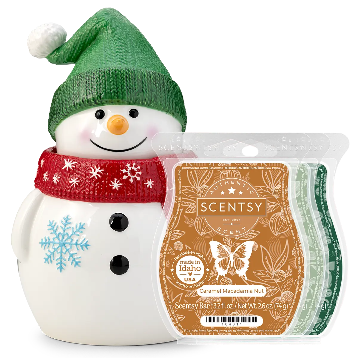 Ceramic snowman warmer with a green knit hat, orange carrot nose, black button eyes, red scarf with snowflakes, and blue snowflake detail on body, displayed with Caramel Macadamia Nut Scentsy wax bars, the Looks Like Snow Scentsy Warmer Bundle