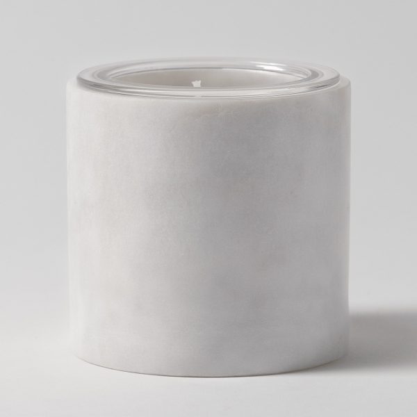 Cylindrical white marble candle holder with soft natural veining and a clear glass Scentsy Candle Insert filled with cream wax, the Marble Candle Holder