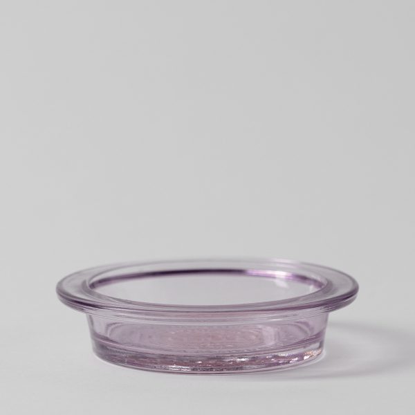 Shallow round lavender-tinted glass dish with a wide flat rim on a pale grey background, the Nightfall Replacement Dish