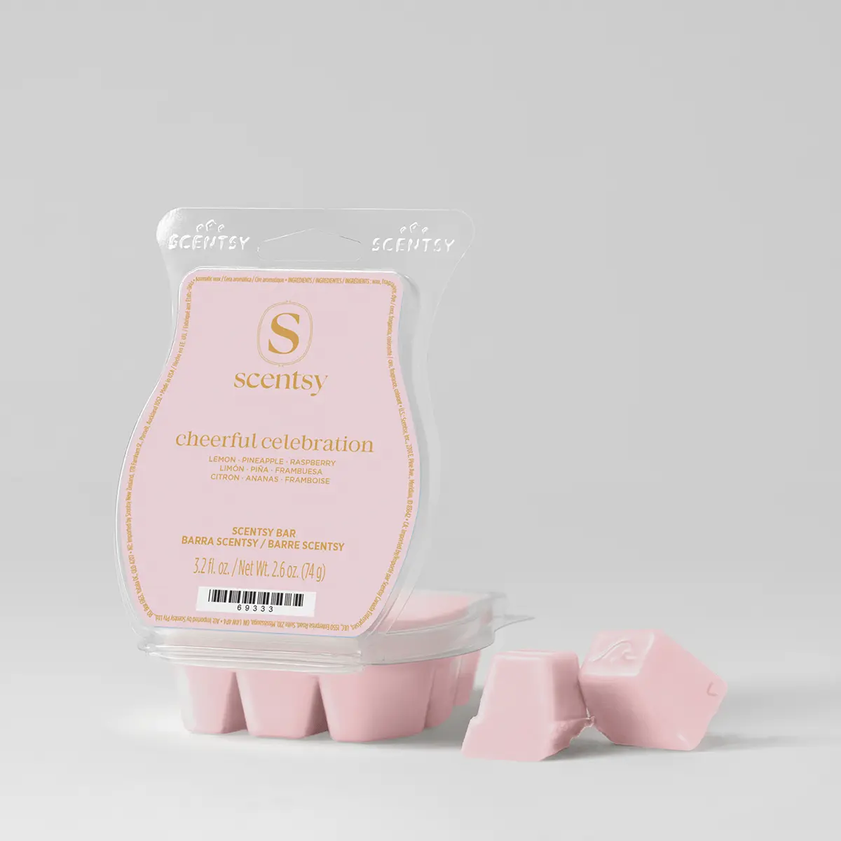 Pink Scentsy Bars in Cheerful Celebration fragrance, displayed in clear plastic clamshell packaging with some wax bars removed and arranged in front