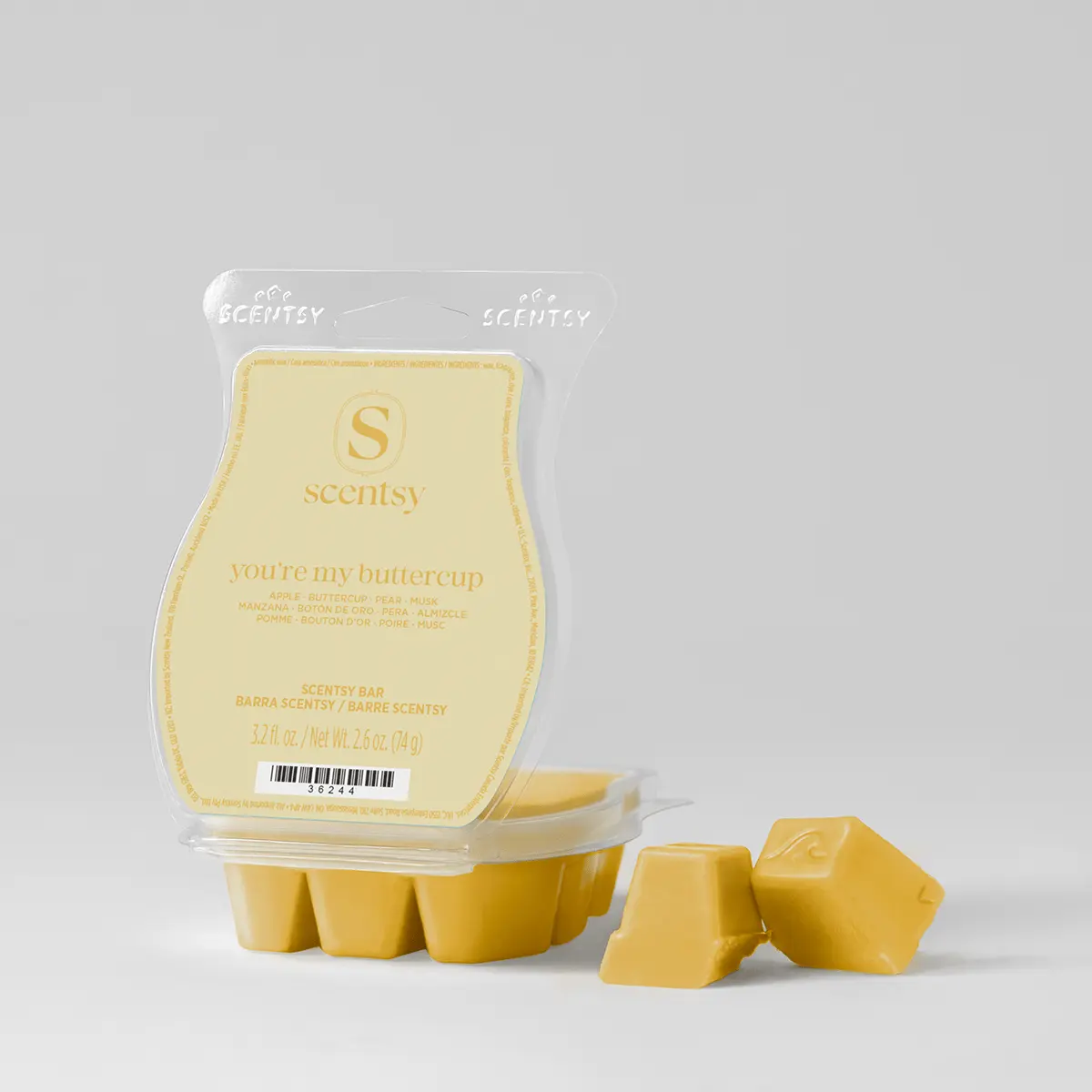 Pale yellow wax bar in clear plastic clamshell packaging labelled "You're My Buttercup", with six individual wax cubes displayed in front, the Scentsy Bar