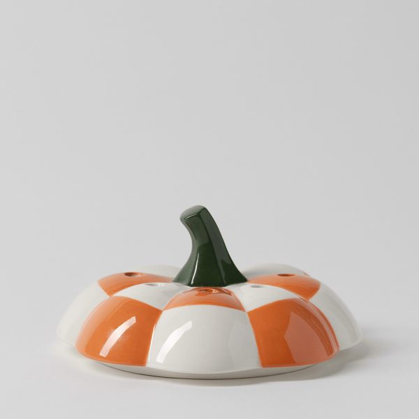 Glossy ceramic pumpkin-shaped lid with orange and white checked panels, small vent holes and a dark green stem, the Patchwork Pumpkin Replacement Lid