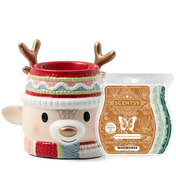 Retro Reindeer Scentsy Warmer Bundle: cream ceramic warmer with smiling reindeer face, golden antlers, red nose, striped knit collar in red, green and blue, paired with a Caramel Macadamia Nut Scentsy Bar