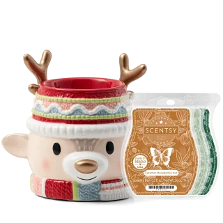 Cream ceramic reindeer warmer wearing a striped knitted beanie and patchwork scarf, the Retro Reindeer Scentsy Warmer Bundle
