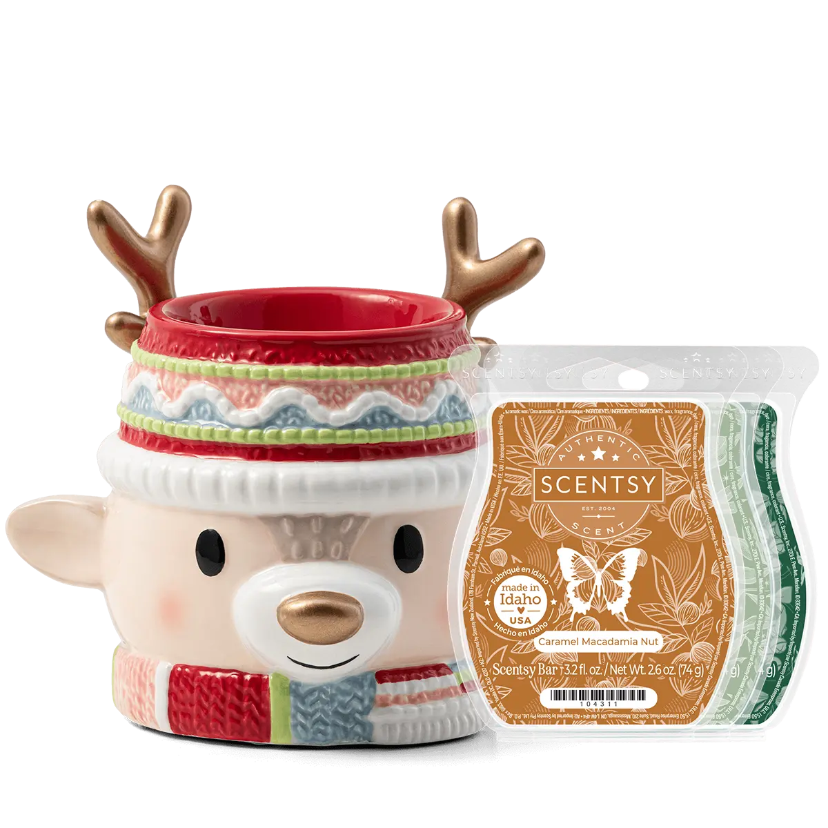 Retro Reindeer Scentsy Warmer Bundle: cream ceramic warmer with smiling reindeer face, golden antlers, red nose, striped knit collar in red, green and blue, paired with a Caramel Macadamia Nut Scentsy Bar