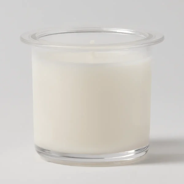Clear glass vessel filled with cream-coloured wax and a cotton wick, the Sugared Peppermint Pine Candle Insert, topped with a wide flared glass rim