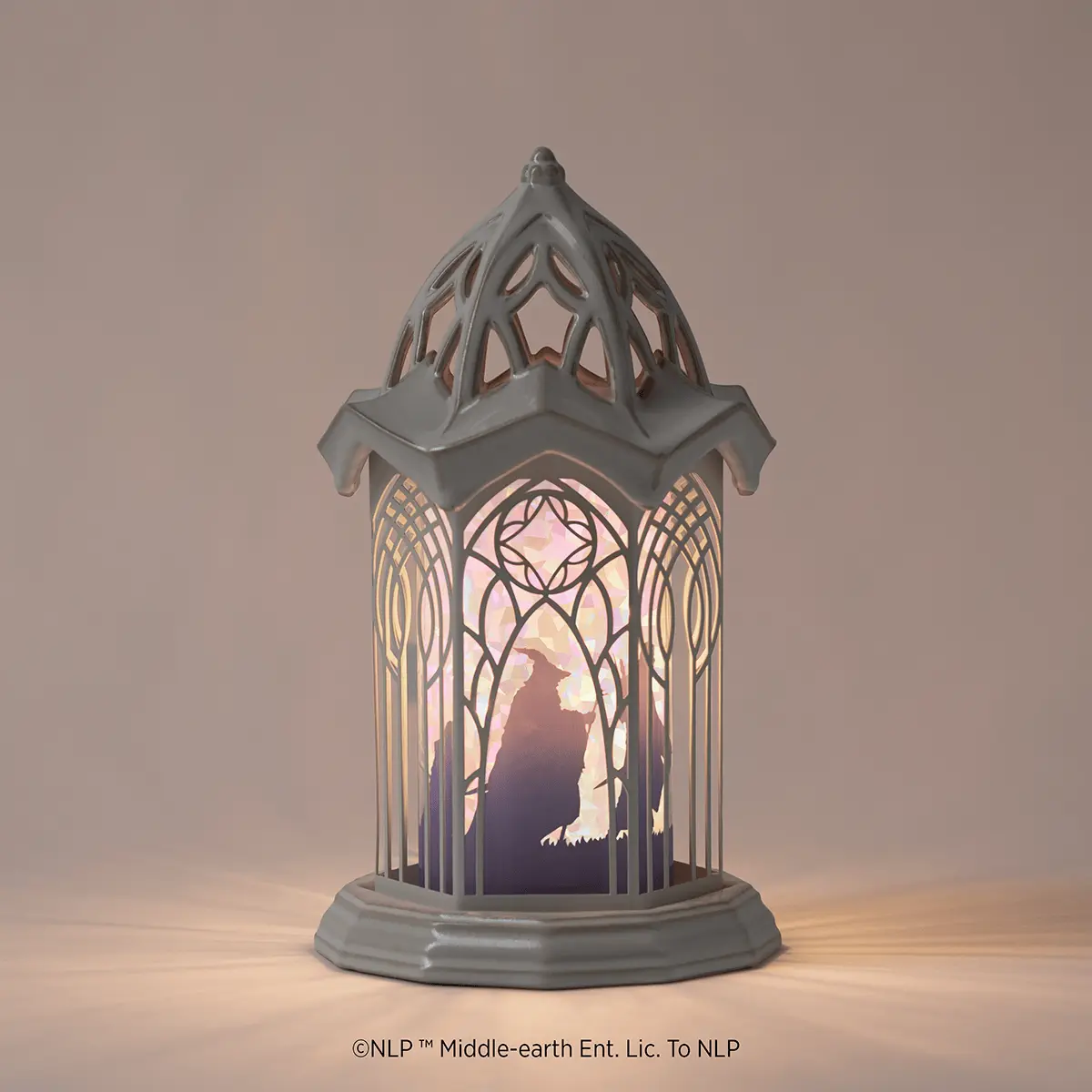 Grey ceramic warmer with a Gothic arch design and silhouette of a figure in a mountainous landscape, the Lord Of The Rings: Rivendell Scentsy Warmer