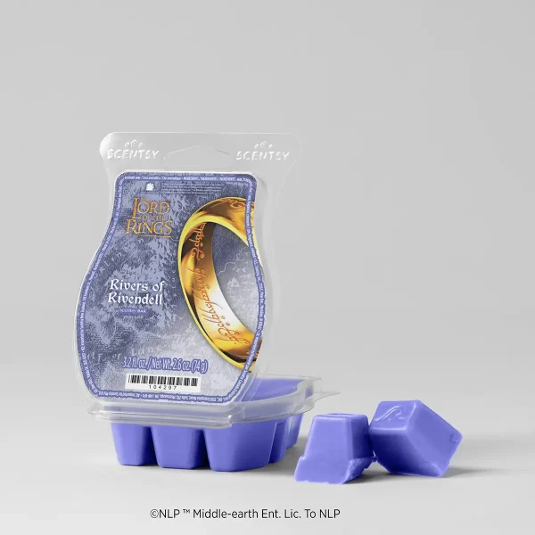 Periwinkle wax bar with gold lettering and imagery of the One Ring, The Lord of the Rings: Rivers of Rivendell Scentsy Bar, displayed in its clear clamshell packaging with six individual wax cubes shown below.