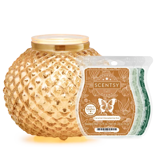 Gold lattice Scentsy Warmer with a quilted geometric pattern and brass-coloured band, the Victorian Glow - Gold Scentsy Warmer Bundle, displayed with a Caramel Macadamia Nut Scentsy Bar
