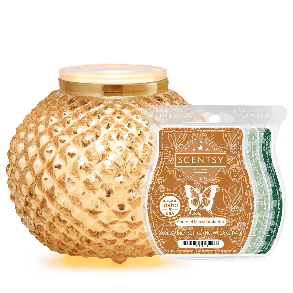 Gold lattice Scentsy Warmer with a quilted geometric pattern and brass-coloured band, the Victorian Glow - Gold Scentsy Warmer Bundle, displayed with a Caramel Macadamia Nut Scentsy Bar