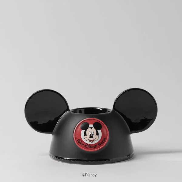 Black ceramic warmer with prominent rounded ears and an embroidered red circular patch of Mickey Mouse with "Walt Disney World" text, the Walt Disney World: Embroidered Mickey Ears Scentsy Warmer