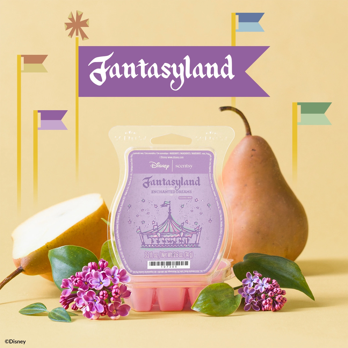 Fantasyland - Enchanted Dreams Scentsy Wax Bar displayed with purple label, surrounded by pink flowers, a pear, and decorative flags on a cream background