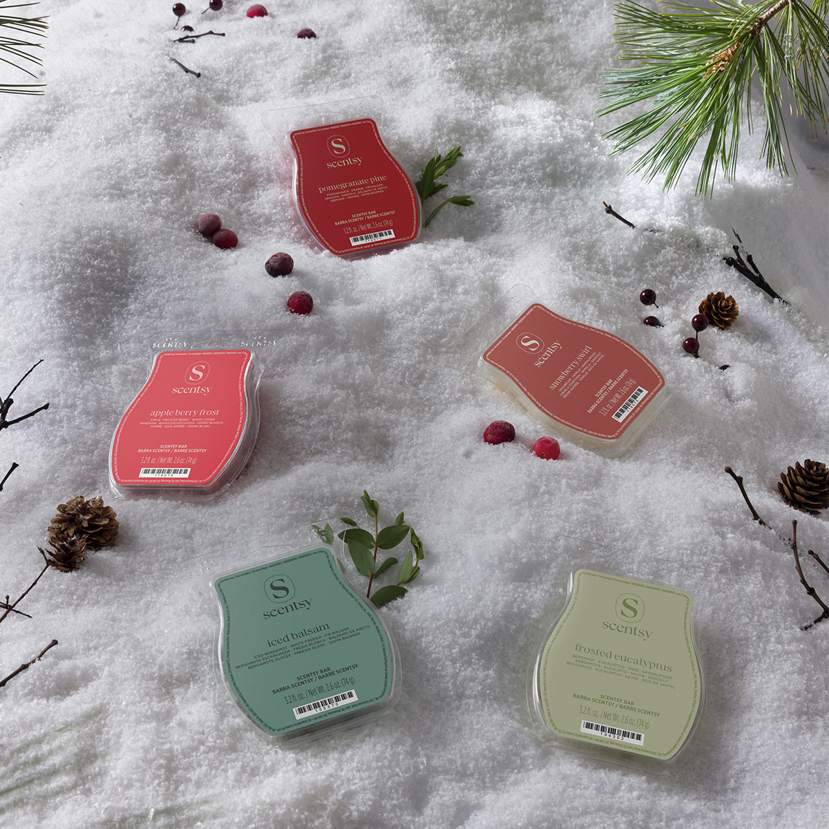 Five Scentsy Bars in red, coral, teal and pale green packs nestled in snow with pine cones and berries, the Alpine Holiday Scentsy Bar 5-pack