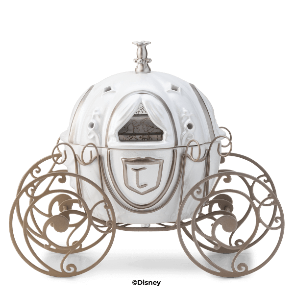 White ceramic pumpkin coach with a crest and curtained window on swirling bronze-toned metal wheels, the Disney Cinderella: Royal Carriage Scentsy Warmer